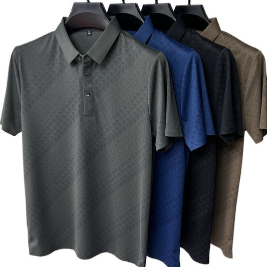 High-end Elegant Ice Silk Short Sleeve T-shirt Men's Lapel Summer Plaid Polo Shirt